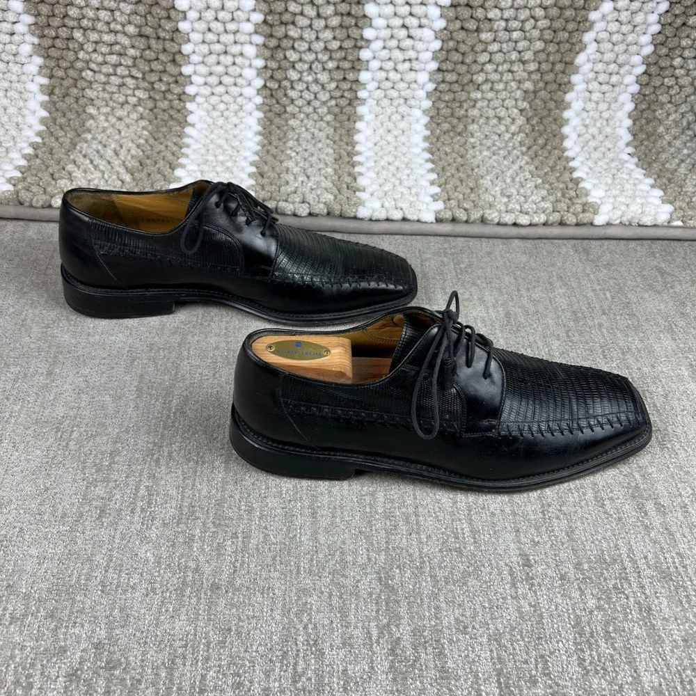 Mezlan Ferrari Black Lizard Skin Leather Square Toe Lace Up Dress Shoes Size 9.5
